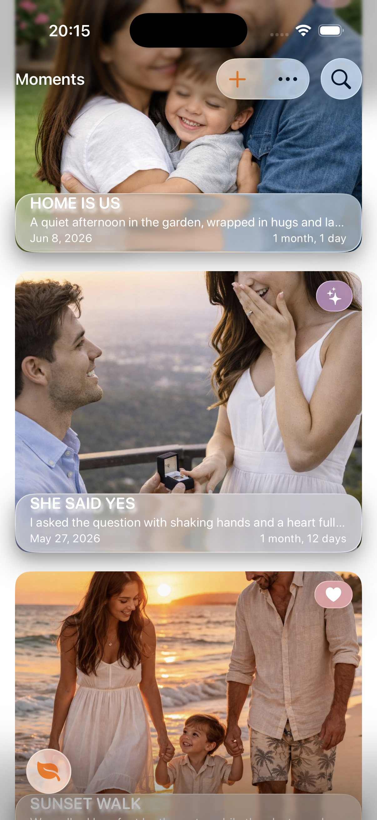 Pantalla principal de Life Moments para iPhone