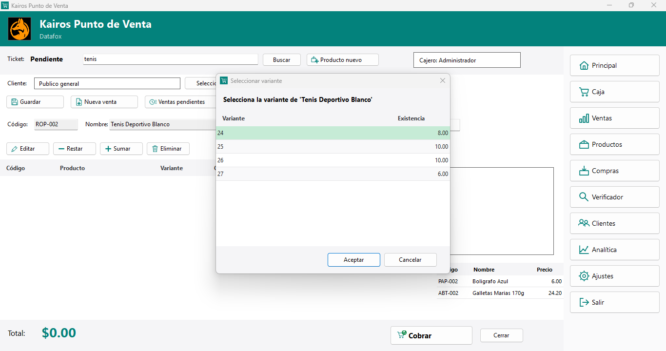 Variantes de talla y color en Kairos Punto de Venta